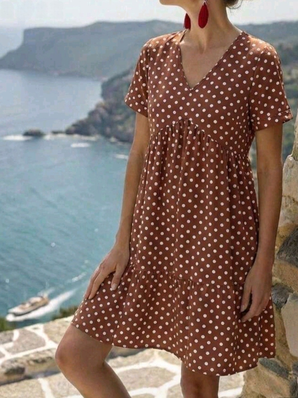 Brown Polka Dot V-Neck Short Sleeve Dress